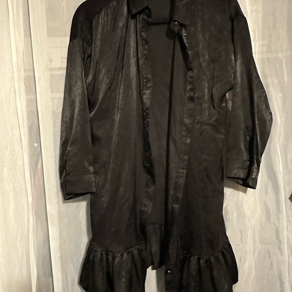 Drop Waist Tie Waist Satin Effect Dress with Gold Buttons